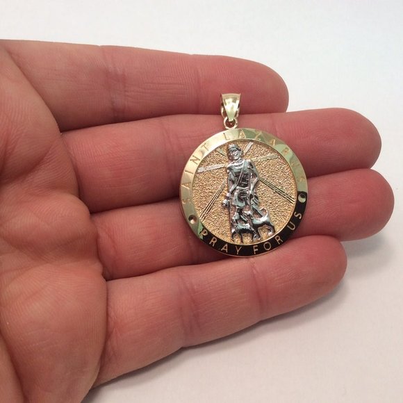 10K  YELLOW REAL SOLID GOLD MEDALLION PENDANT SAINT LAZARUS PRAY FOR US 4.30 GR - Picture 5 of 8